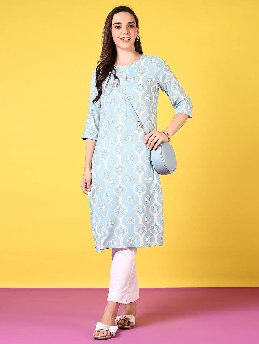 women printed three quarter sleeve straight kurta