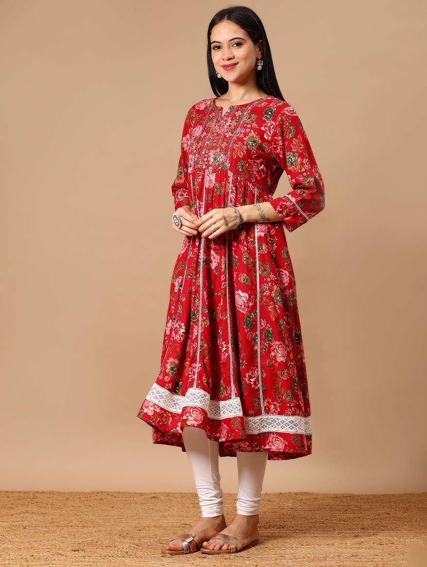 women floral printed three quarter sleeve anarkali kurta - 22165579 -  Standard Image - 2