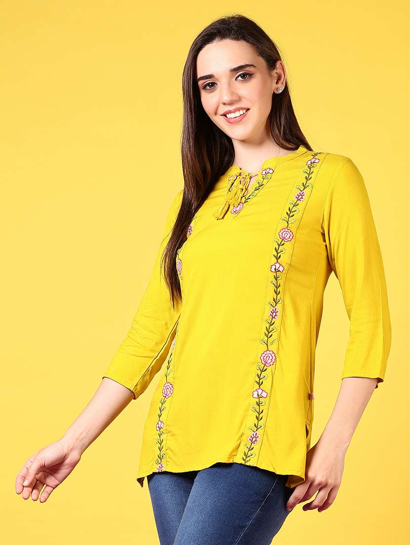 women solid with work three quarter sleeve straight kurti - 22166022 -  Standard Image - 2