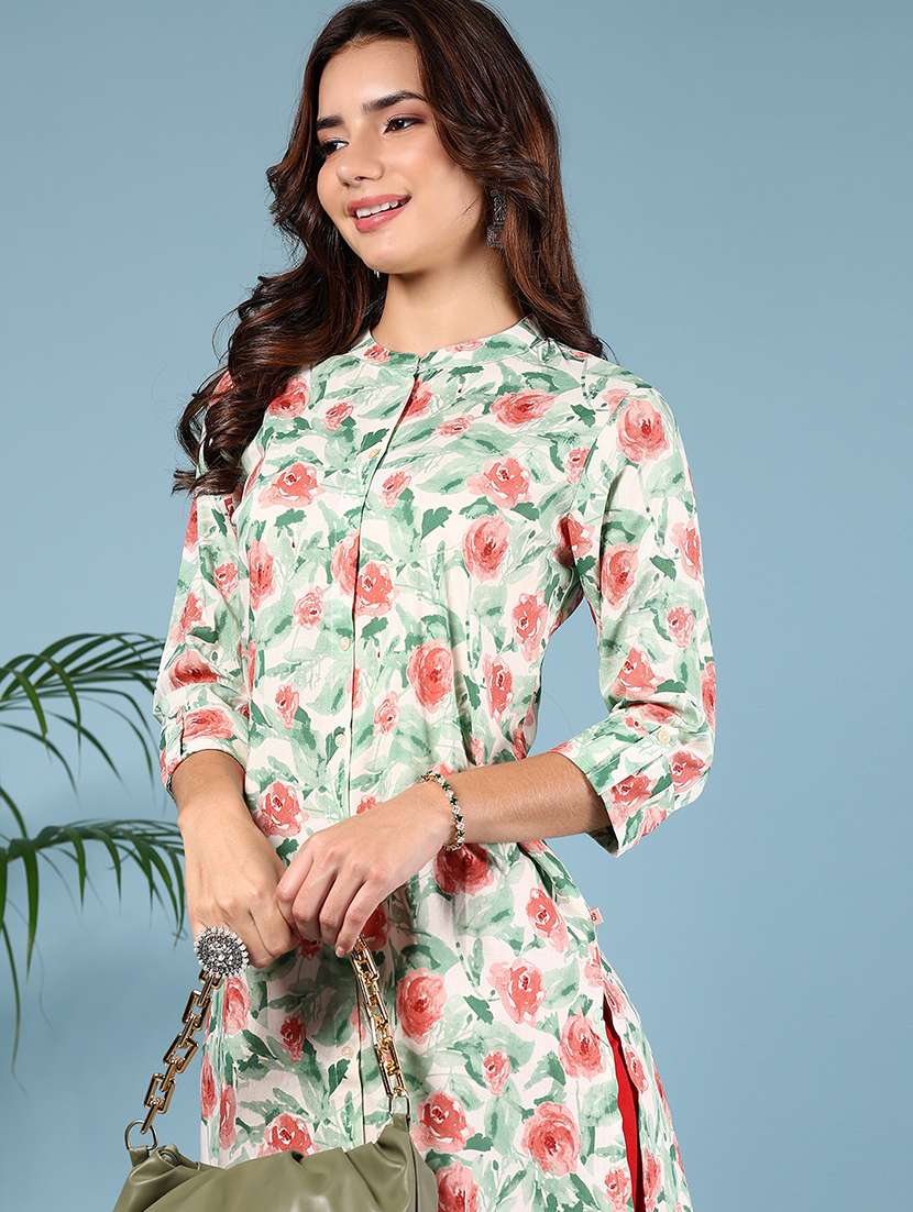 women floral printed three quarter sleeve straight kurta
