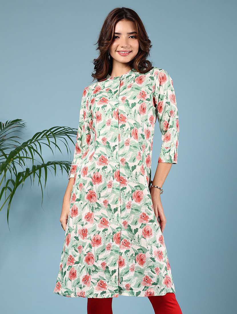 women floral printed three quarter sleeve straight kurta - 22166130 -  Standard Image - 2
