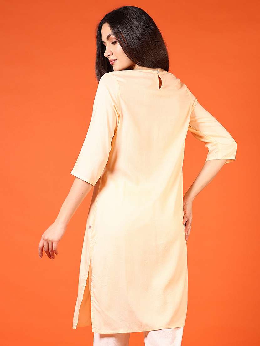 women solid with work three quarter sleeve straight kurta - 22166339 -  Standard Image - 2