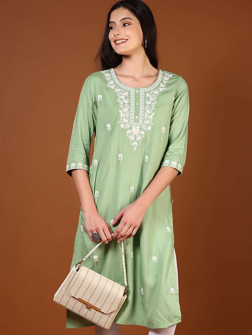 women solid with work three quarter sleeve straight kurta