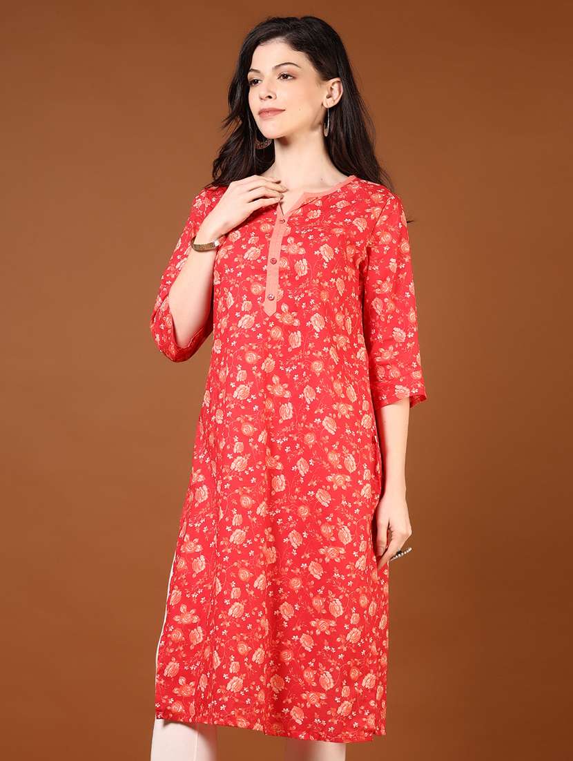 women floral printed three quarter sleeve straight kurta - 22166847 -  Standard Image - 2