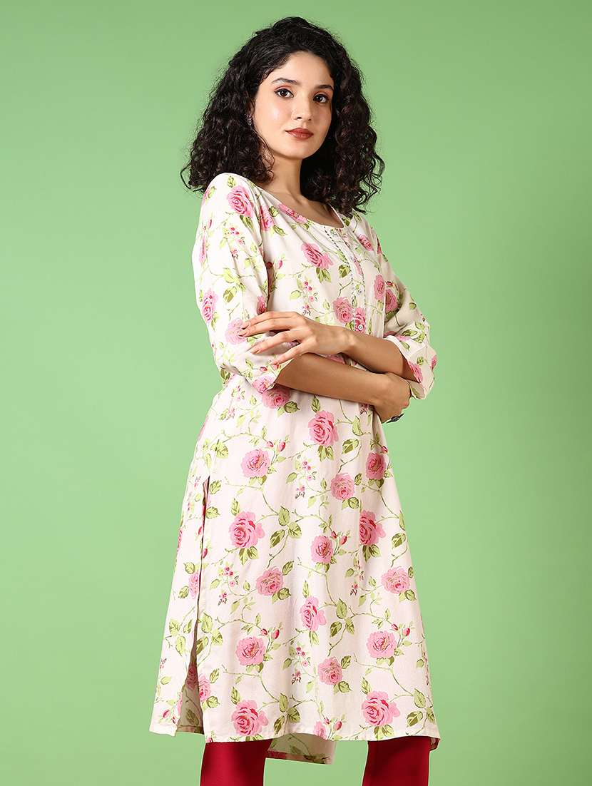 women floral printed three quarter sleeve straight kurta - 22167192 -  Standard Image - 2