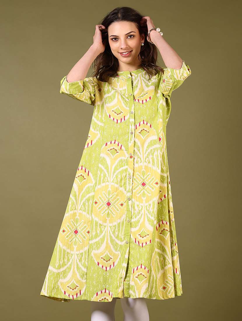 women printed three quarter sleeve a-line kurta