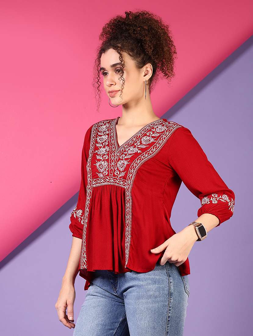 women solid with work three quarter sleeve a-line kurti - 22168008 -  Standard Image - 2