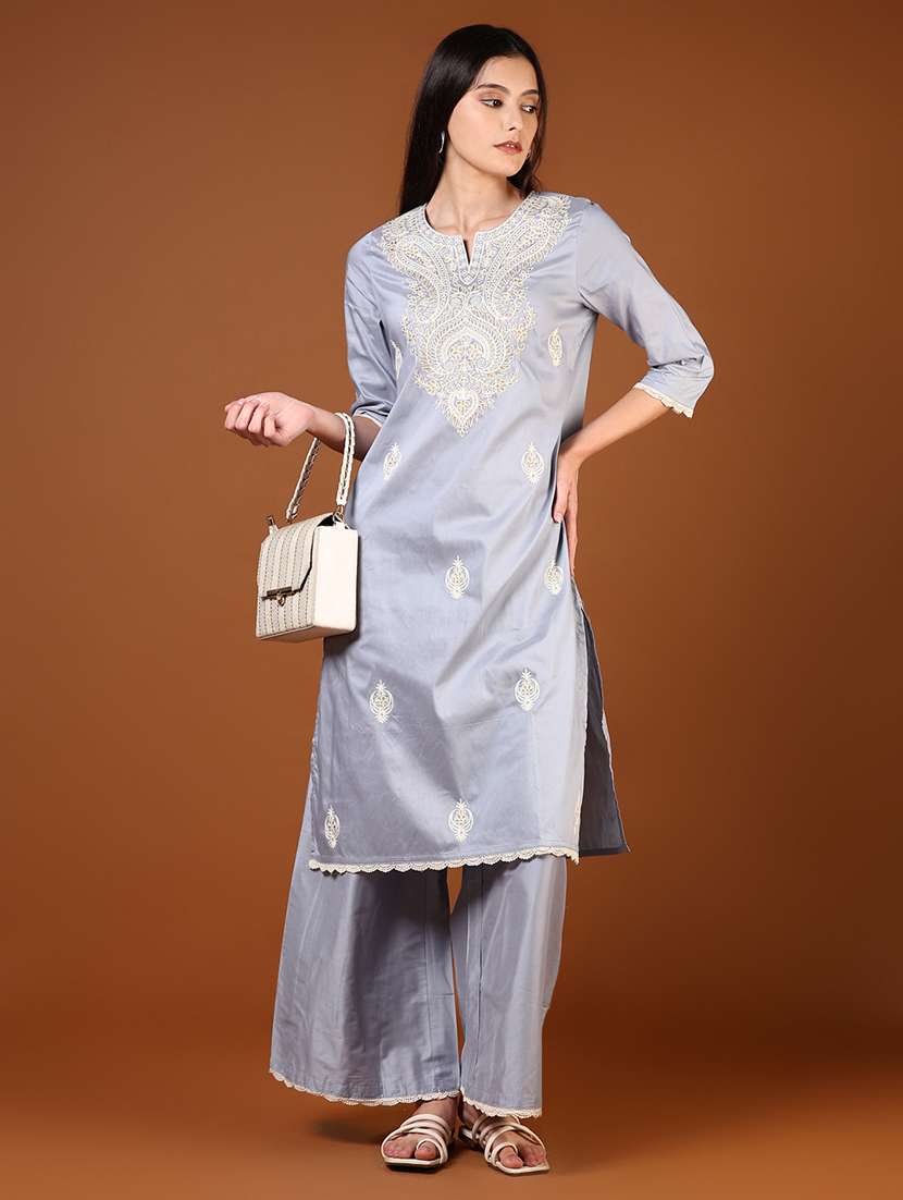 women embroidered three quarter sleeve kurta palazzo set