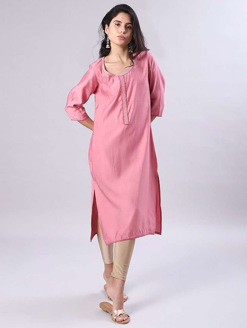 women solid three quarter sleeve straight kurta - 22168293 -  Standard Image - 2