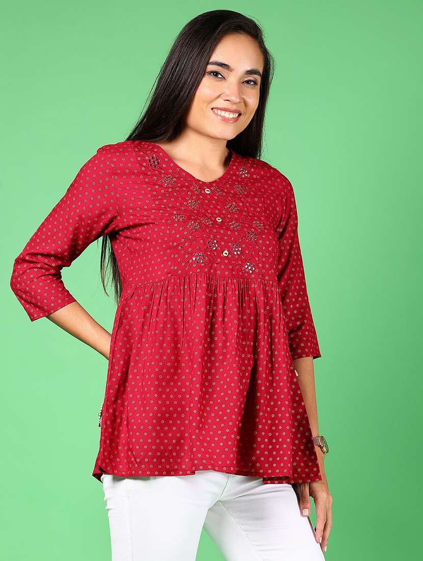 women printed three quarter sleeve flared kurti - 22168675 -  Standard Image - 2