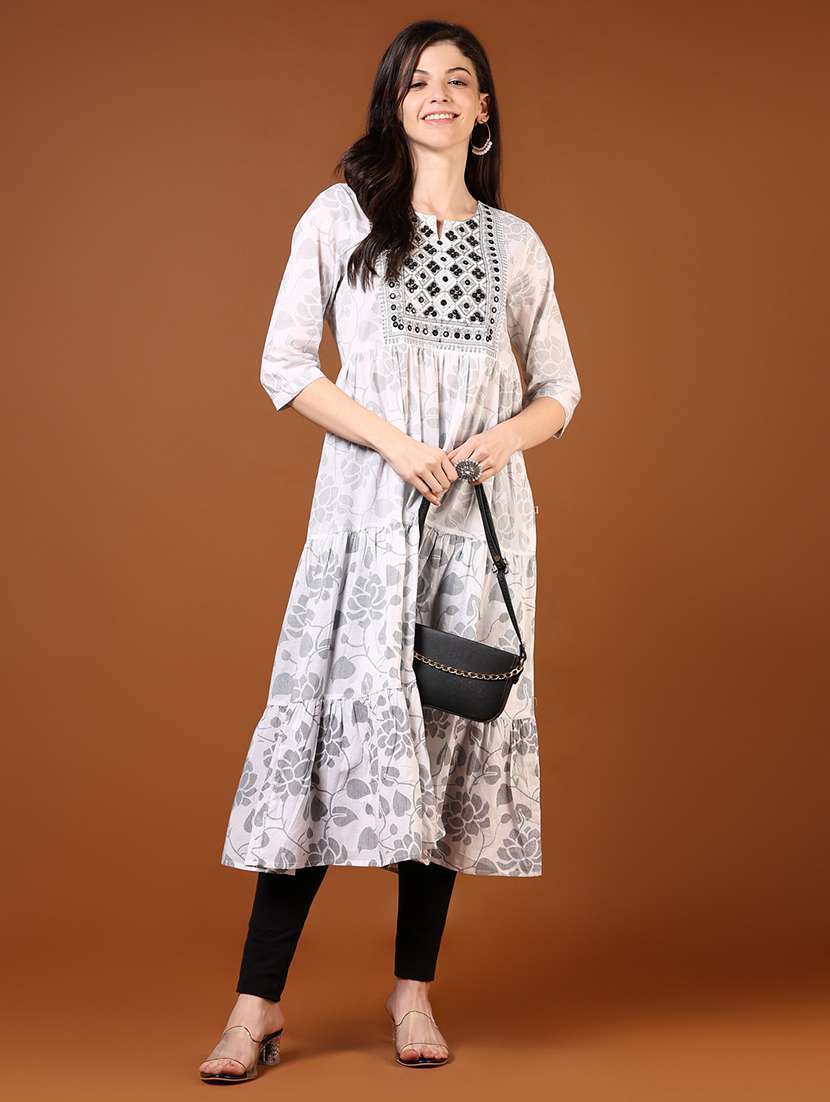 women floral printed three quarter sleeve tiered kurta