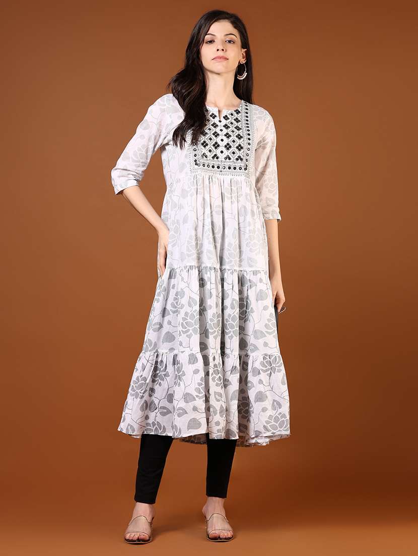 women floral printed three quarter sleeve tiered kurta - 22168778 -  Standard Image - 2