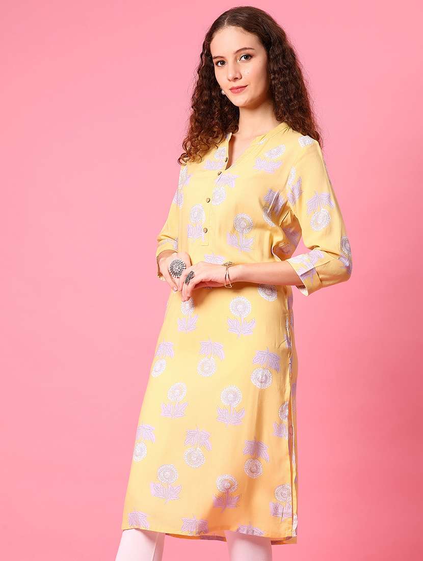 women floral printed three quarter sleeve straight kurta - 22168802 -  Standard Image - 2
