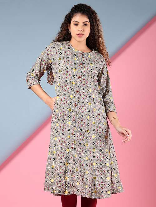 women printed three quarter sleeve a-line kurta - 22169047 -  Standard Image - 0