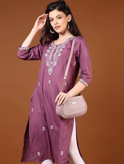 women solid with work three quarter sleeve straight kurta - 22169154 -  Standard Image - 0