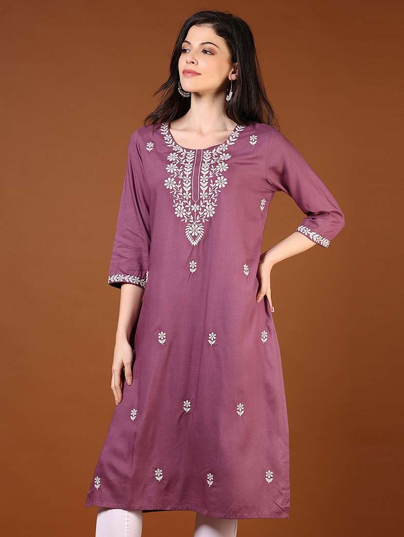women solid with work three quarter sleeve straight kurta - 22169154 -  Standard Image - 2