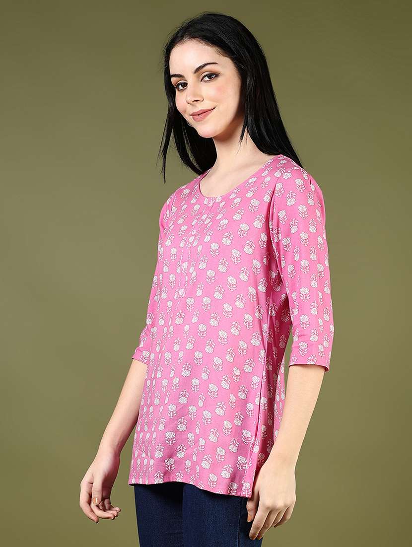 women floral printed three quarter sleeve straight kurti - 22169178 -  Standard Image - 2