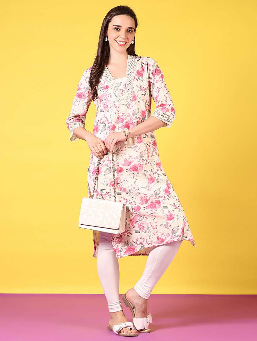 women floral printed three quarter sleeve straight kurta