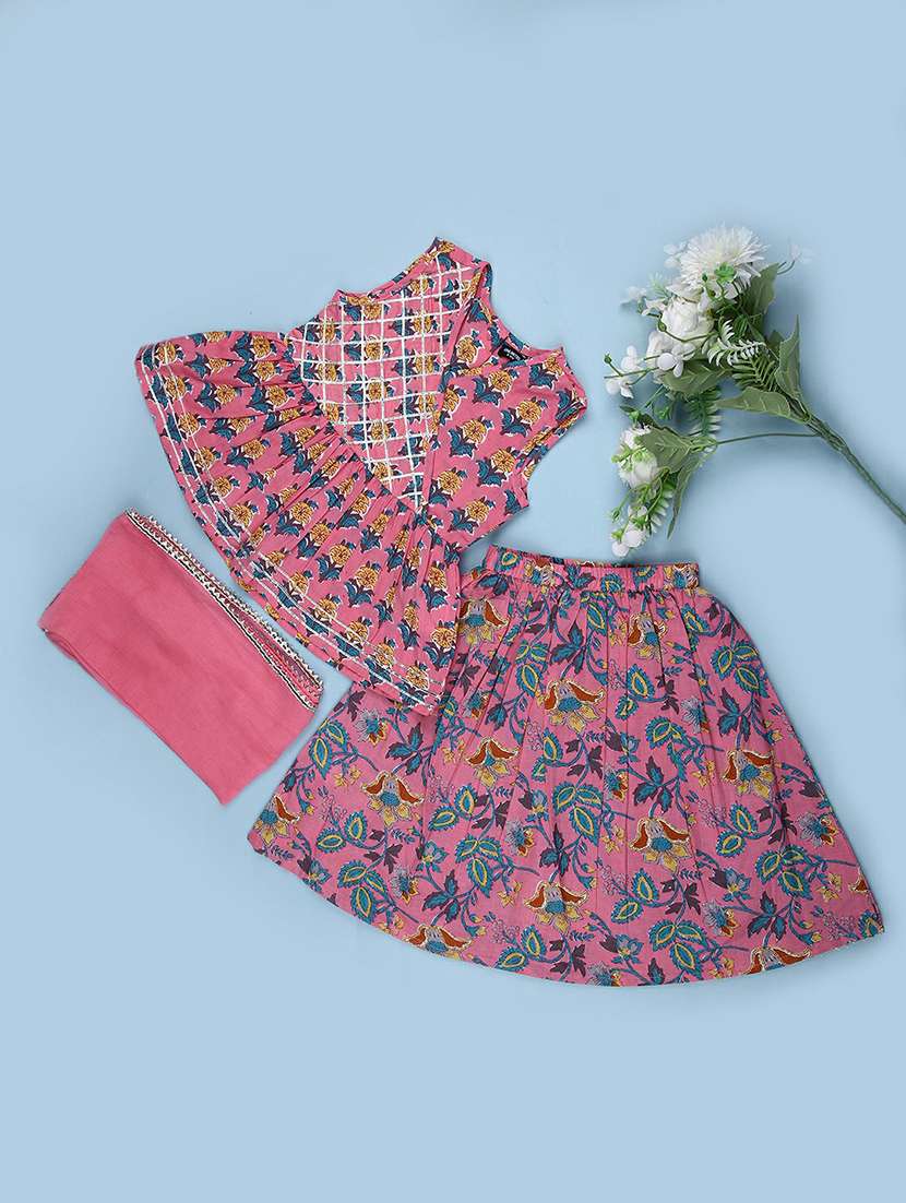 girls printed kurta and skirt with dupatta set