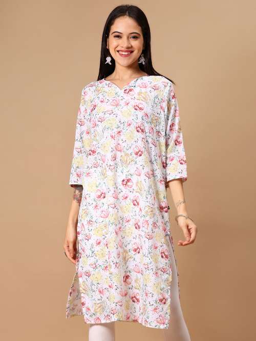 women floral printed three quarter sleeve straight kurta - 22169753 -  Standard Image - 0