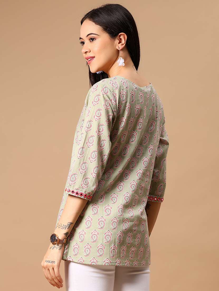 women paisley printed three quarter sleeve straight kurti - 22169845 -  Standard Image - 2
