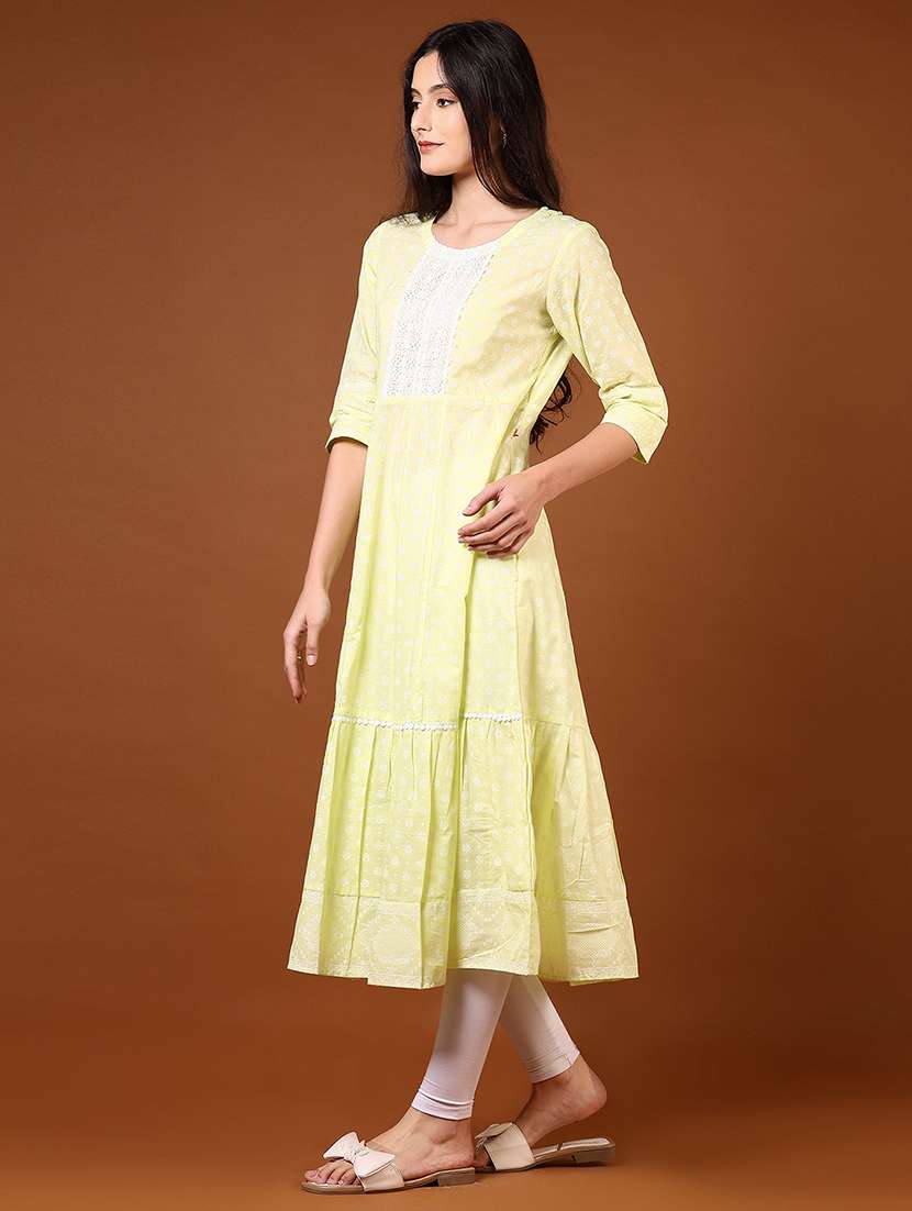 women printed three quarter sleeve tiered kurta - 22169954 -  Standard Image - 2