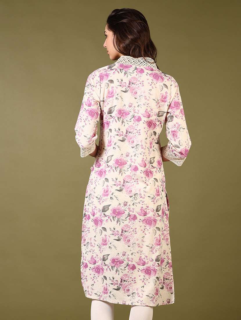 women floral printed three quarter sleeve straight kurta - 22170007 -  Standard Image - 2