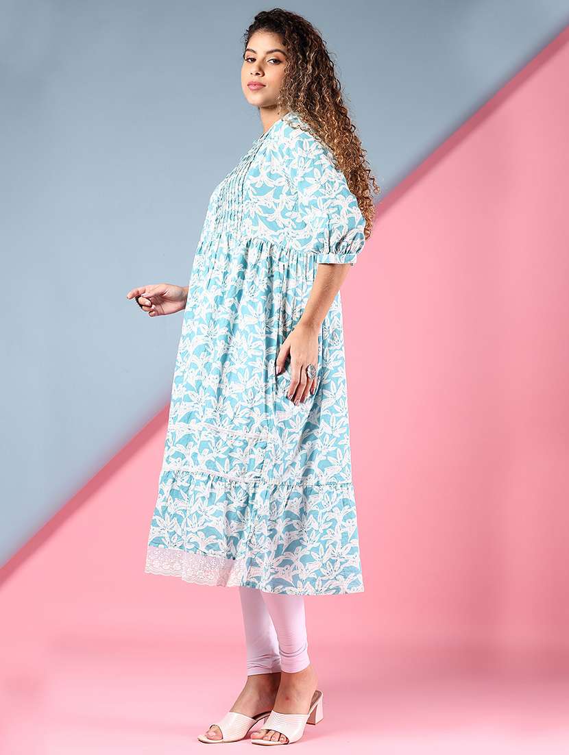 women floral printed three quarter sleeve tiered kurta - 22170052 -  Standard Image - 2