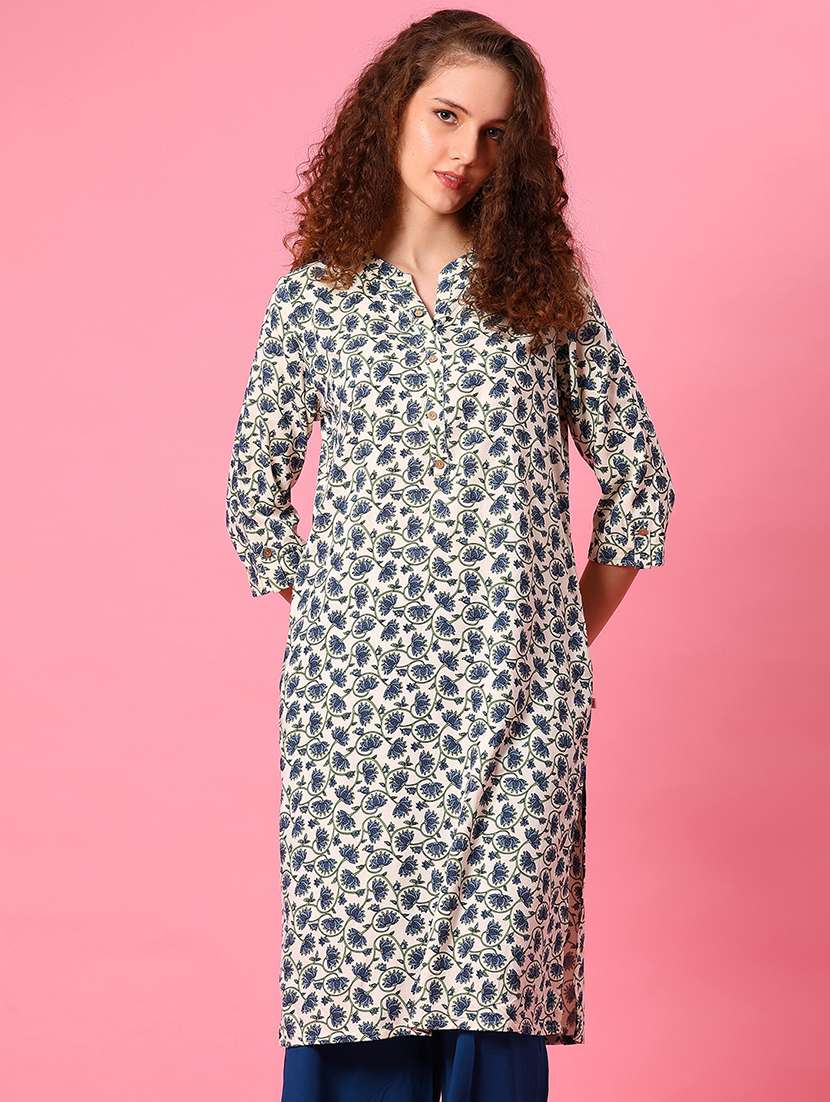 women floral printed three quarter sleeve straight kurta