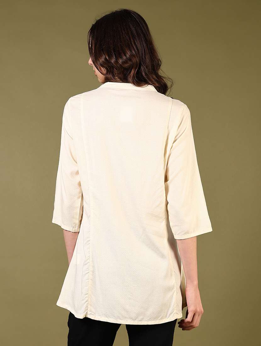 women solid with work three quarter sleeve a-line kurti - 22170255 -  Standard Image - 2