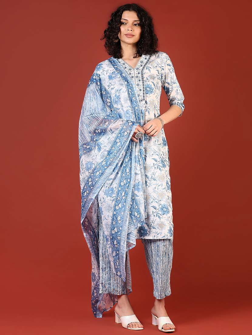 women floral printed three quarter sleeve kurta pant with dupatta set