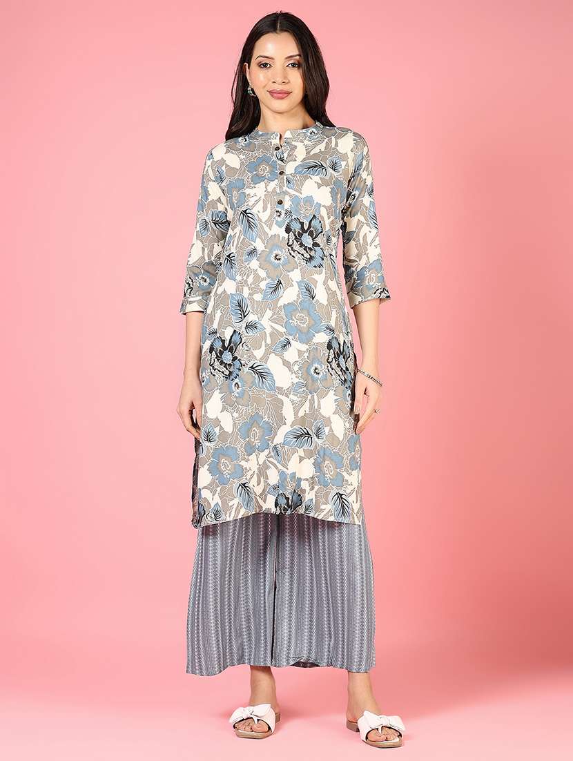 women floral three quarter sleeve kurta palazzo set - 22170902 -  Standard Image - 2