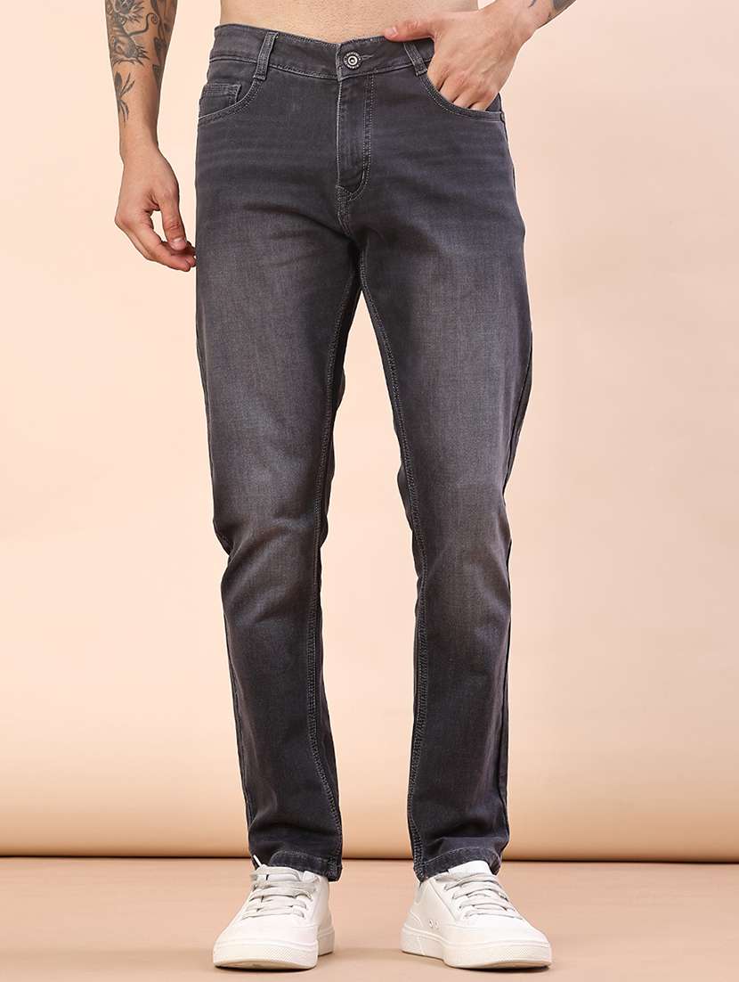 men washed mid rise full length jeans