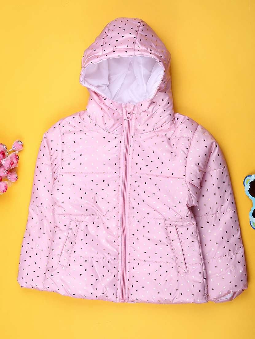 girls printed long sleeve hooded quilted jacket