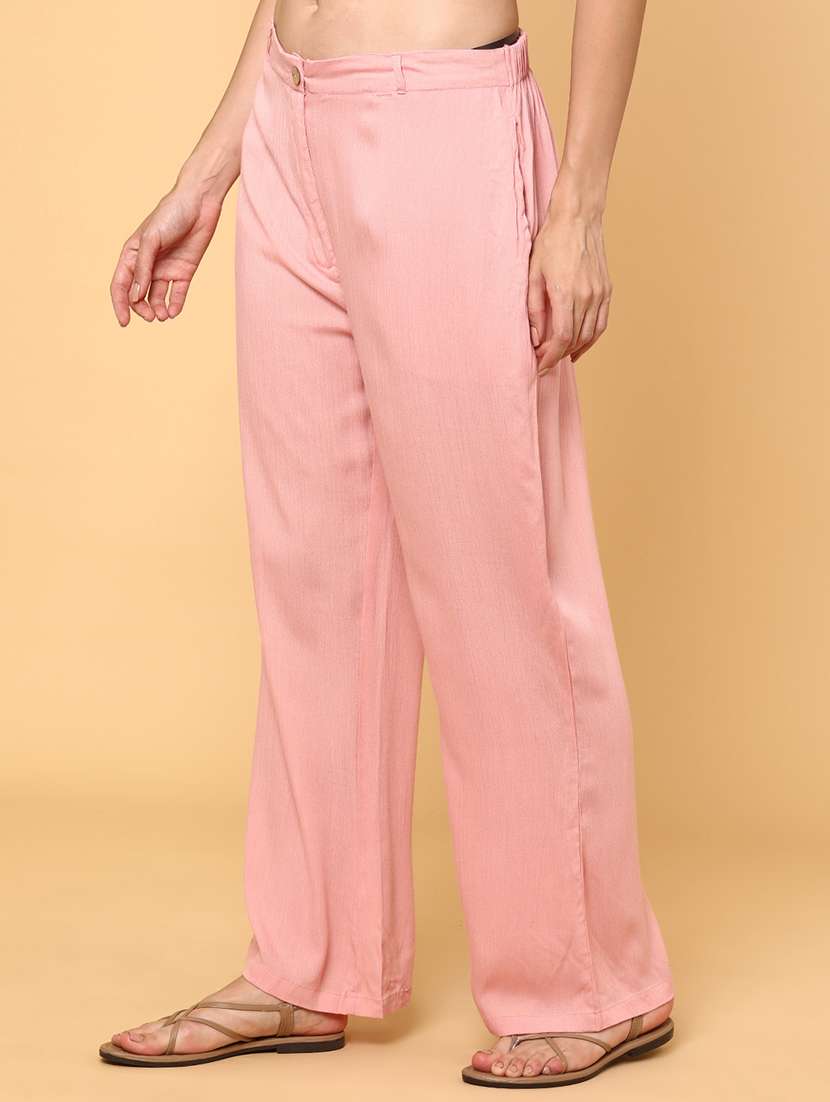women pink rayon wide leg trouser
