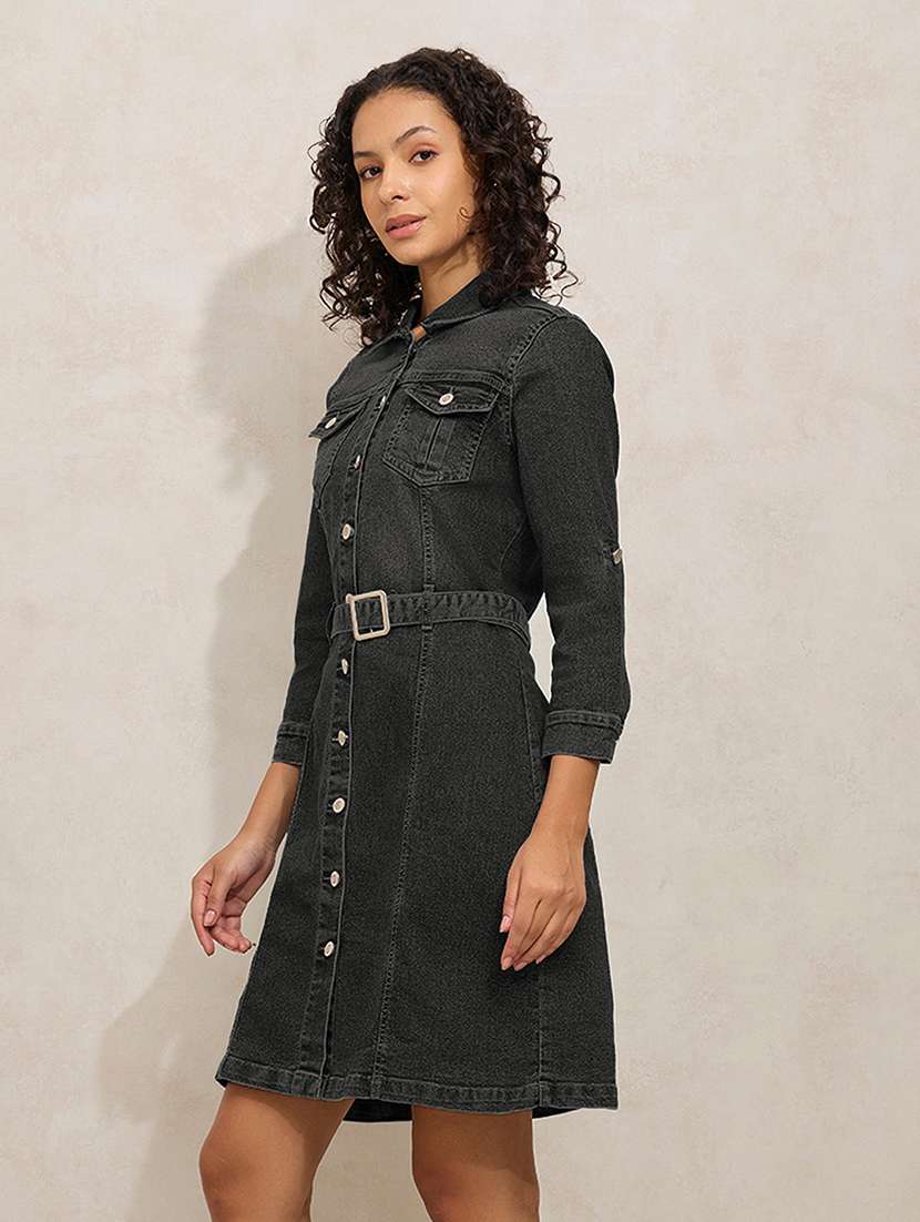 women solid three quarter sleeve denim shirt dress - 22173701 -  Standard Image - 2