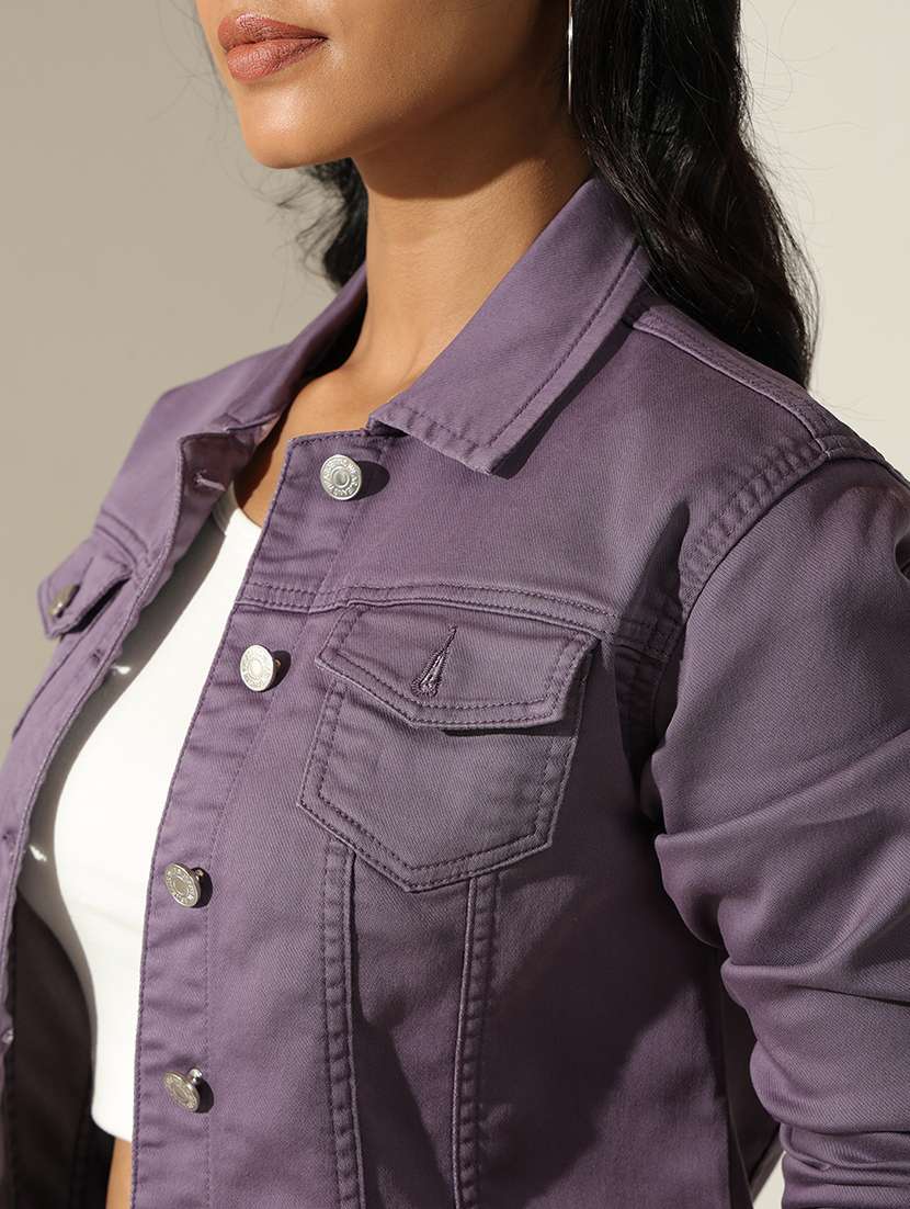 women solid collared long sleeve denim jacket - 22173712 -  Standard Image - 7