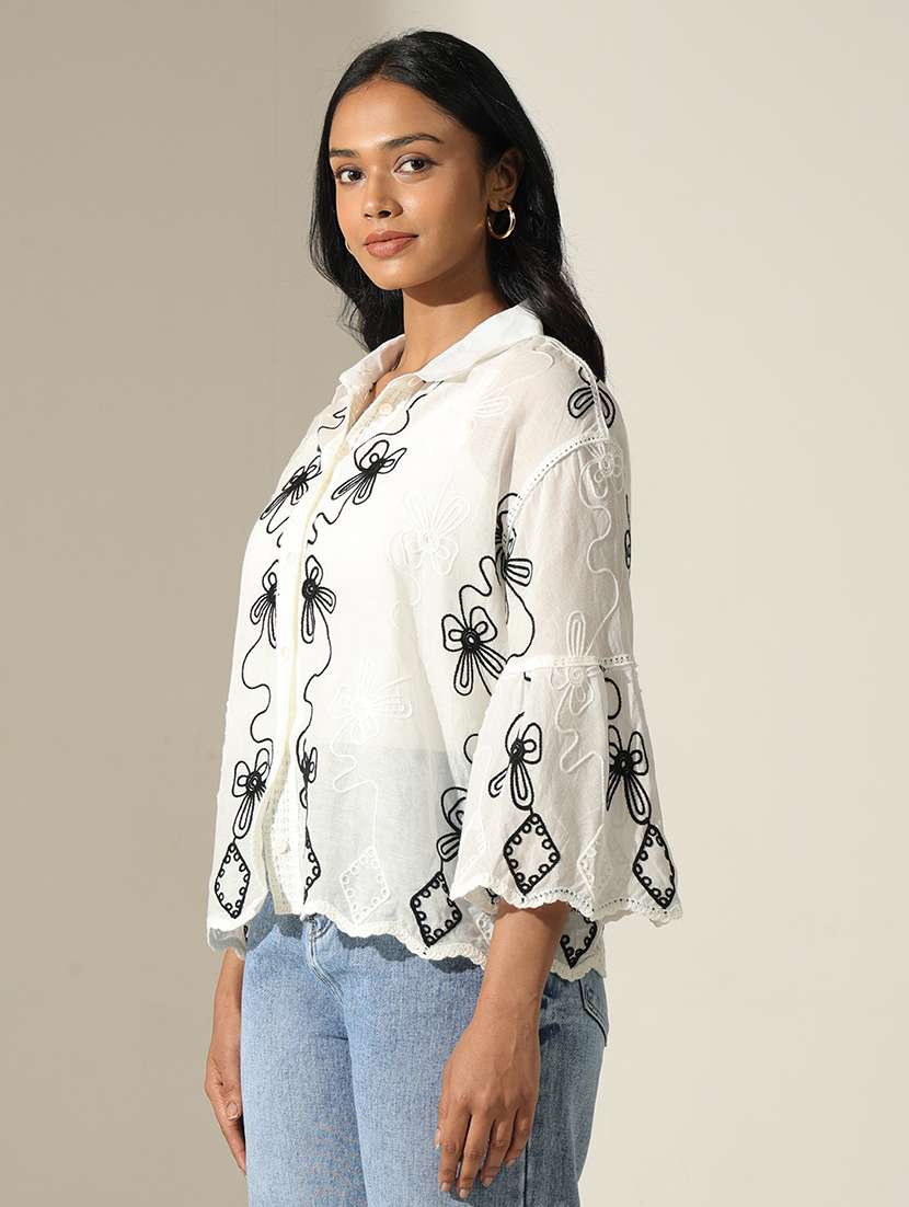 women embroidered collared bell sleeve shirt - 22173717 -  Standard Image - 2