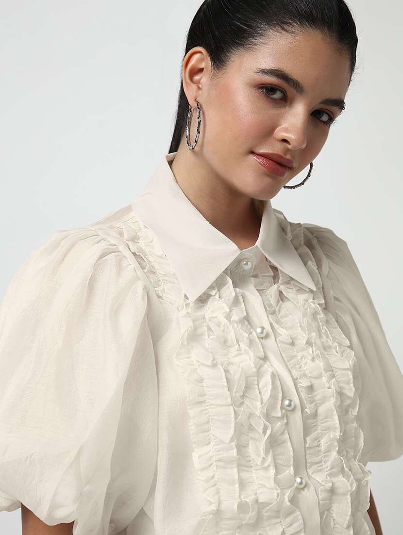 women solid collaerd puff sleeve shirt with slip - 22173718 -  Standard Image - 7