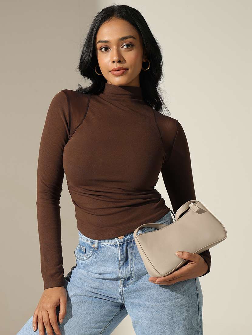 women solid high neck long sleeve top