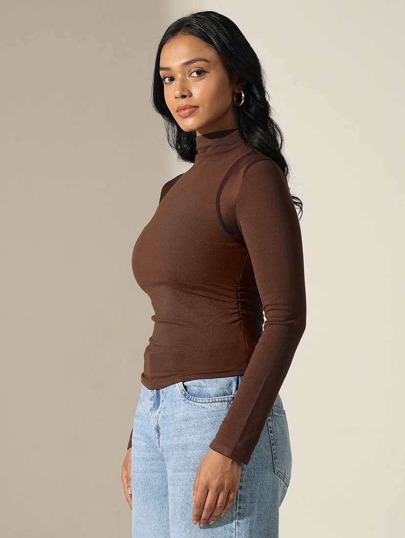 women solid high neck long sleeve top - 22173722 -  Standard Image - 2