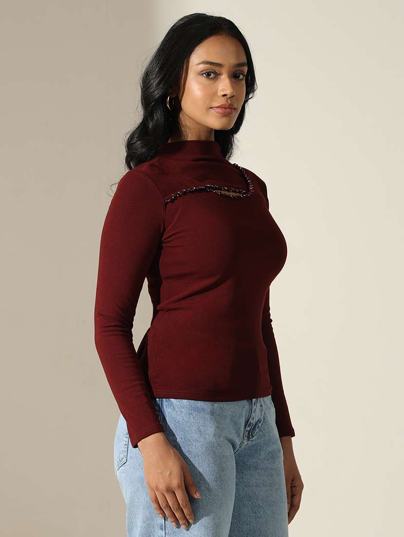 women solid high neck long sleeve top - 22173723 -  Standard Image - 2