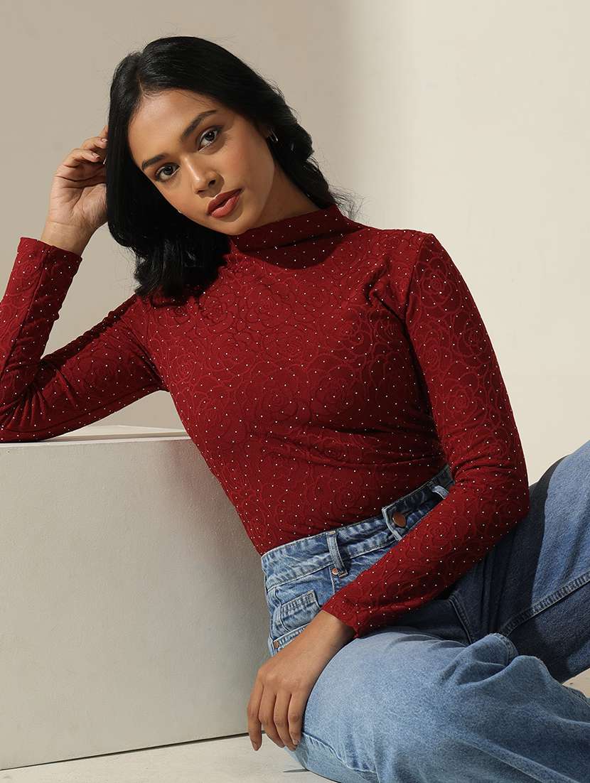 women self designed high neck long sleeve top