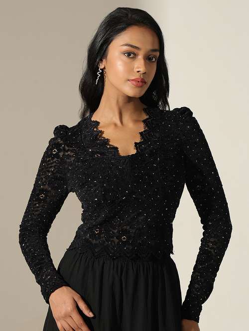 women self designed puff sleeve lace crop top - 22173726 -  Standard Image - 0