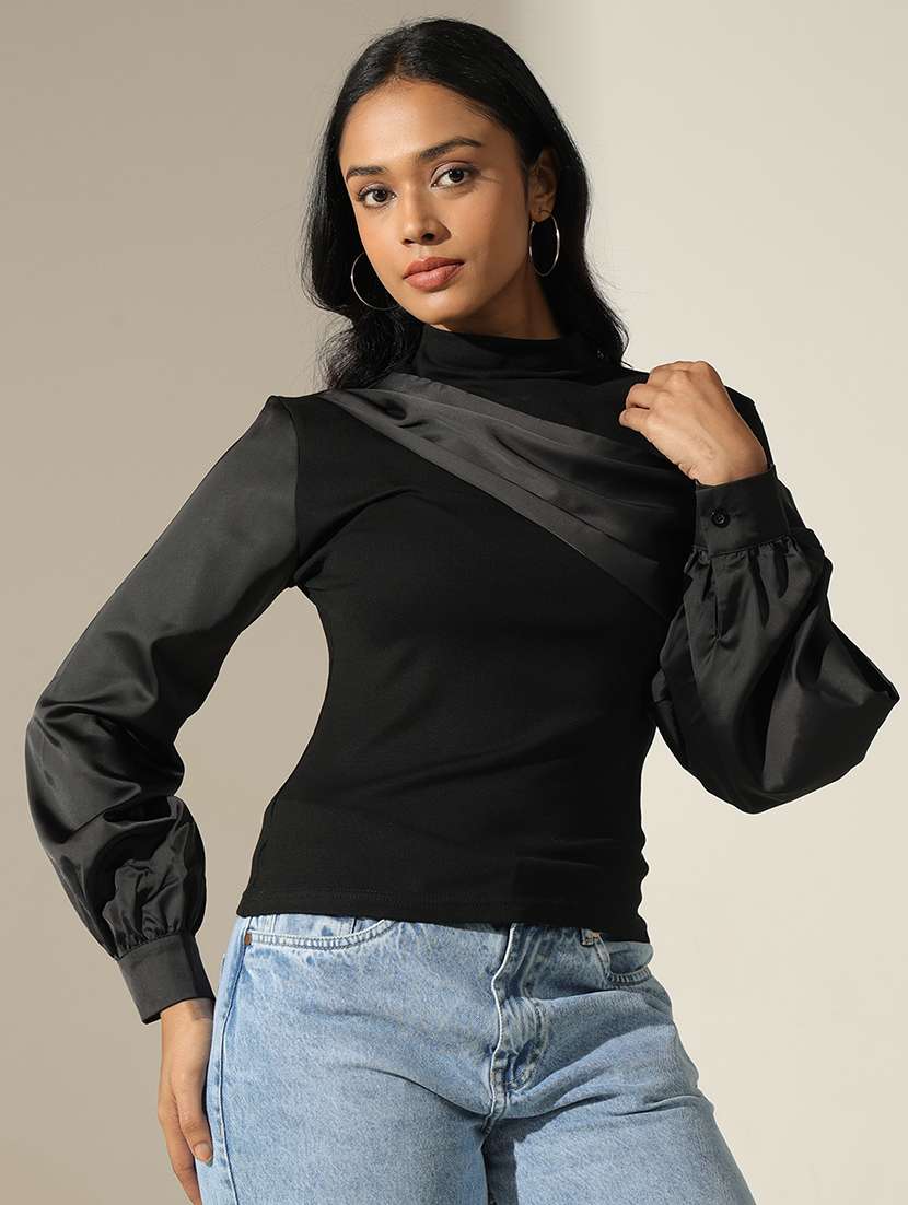 women soldi mock neck puff sleeve regular top