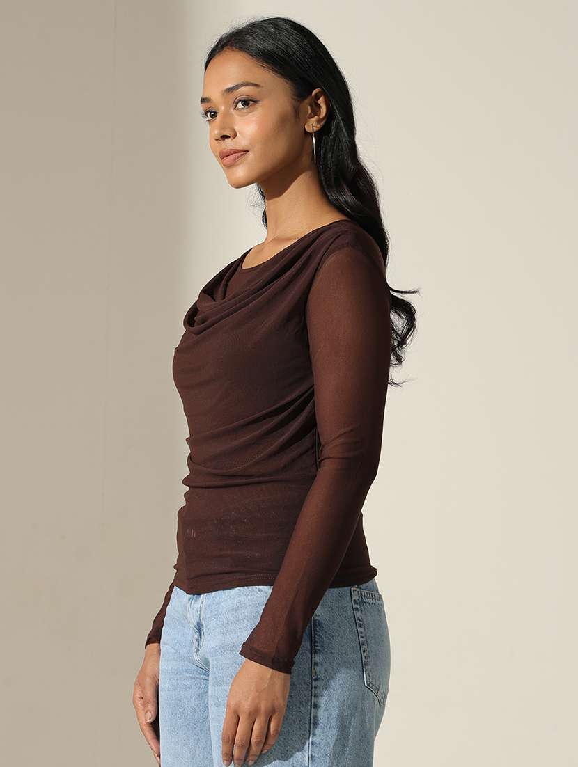 women solid cowl neck long sleeve top - 22173728 -  Standard Image - 2