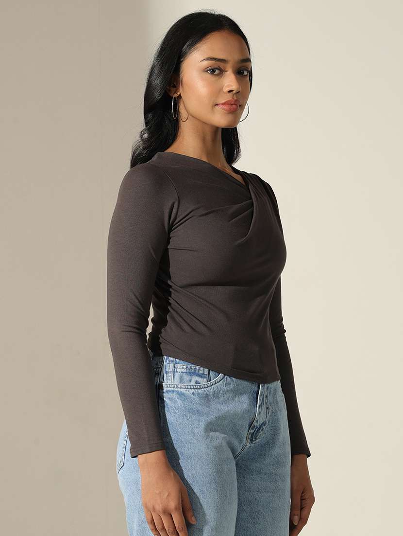 women solid symmetric neck long sleeve top - 22173730 -  Standard Image - 2