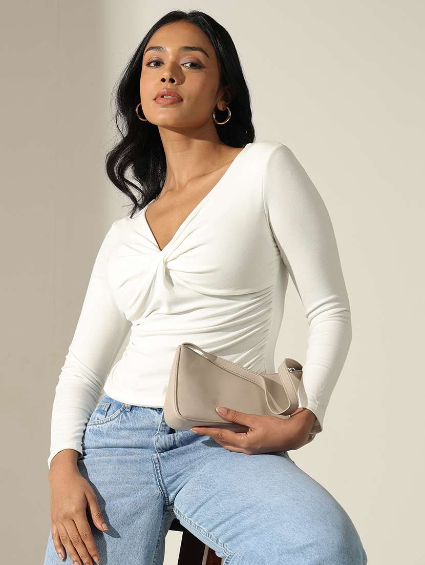 women solid  v-neck long sleeve top