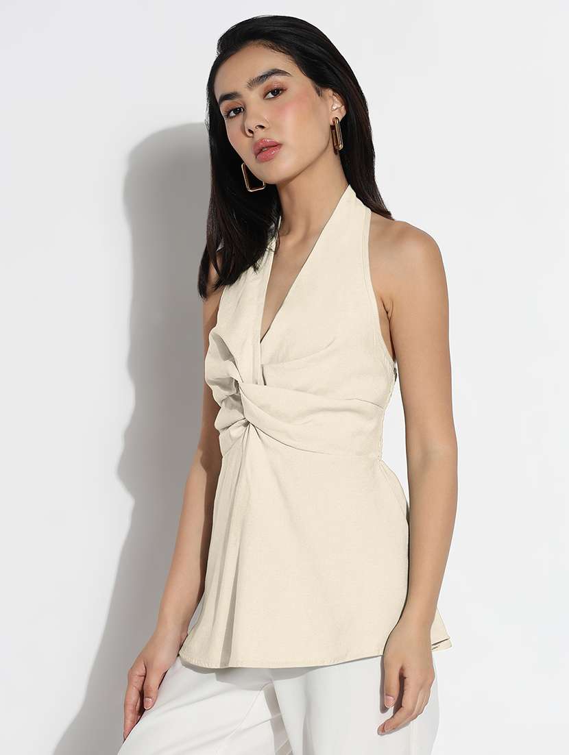 women cream solid halter neck peplum top - 22173738 -  Standard Image - 2