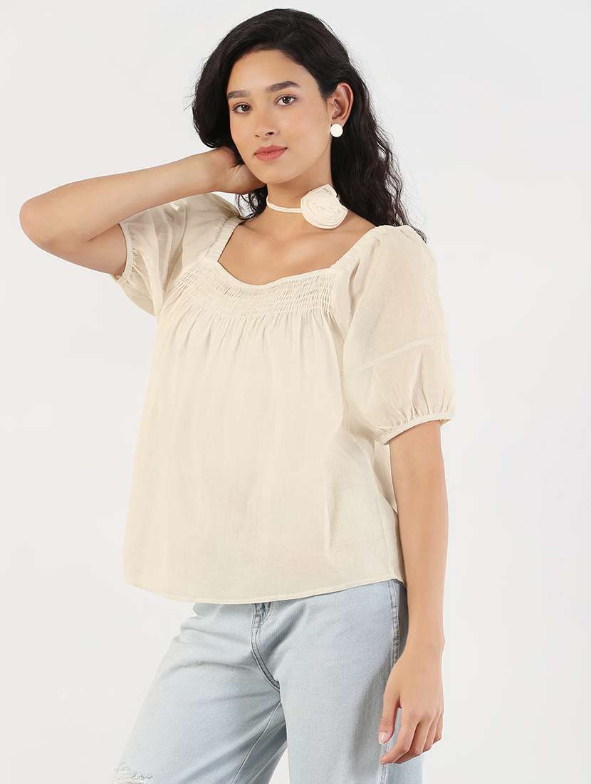 womne solid puff sleeve regulr top - 22173742 -  Standard Image - 2